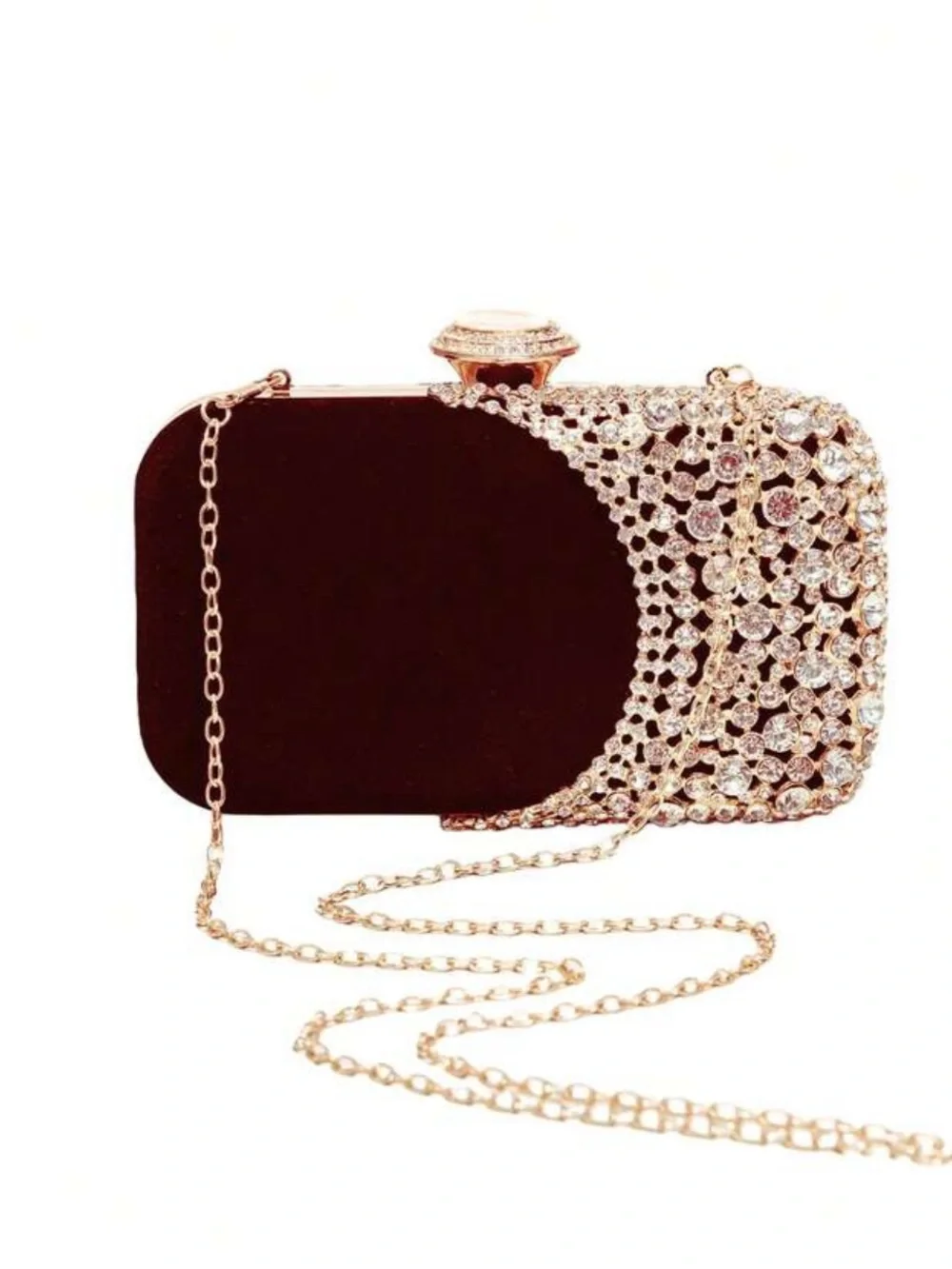 Elegant Burgundy Crystal Evening Clutch with Gold Chain
